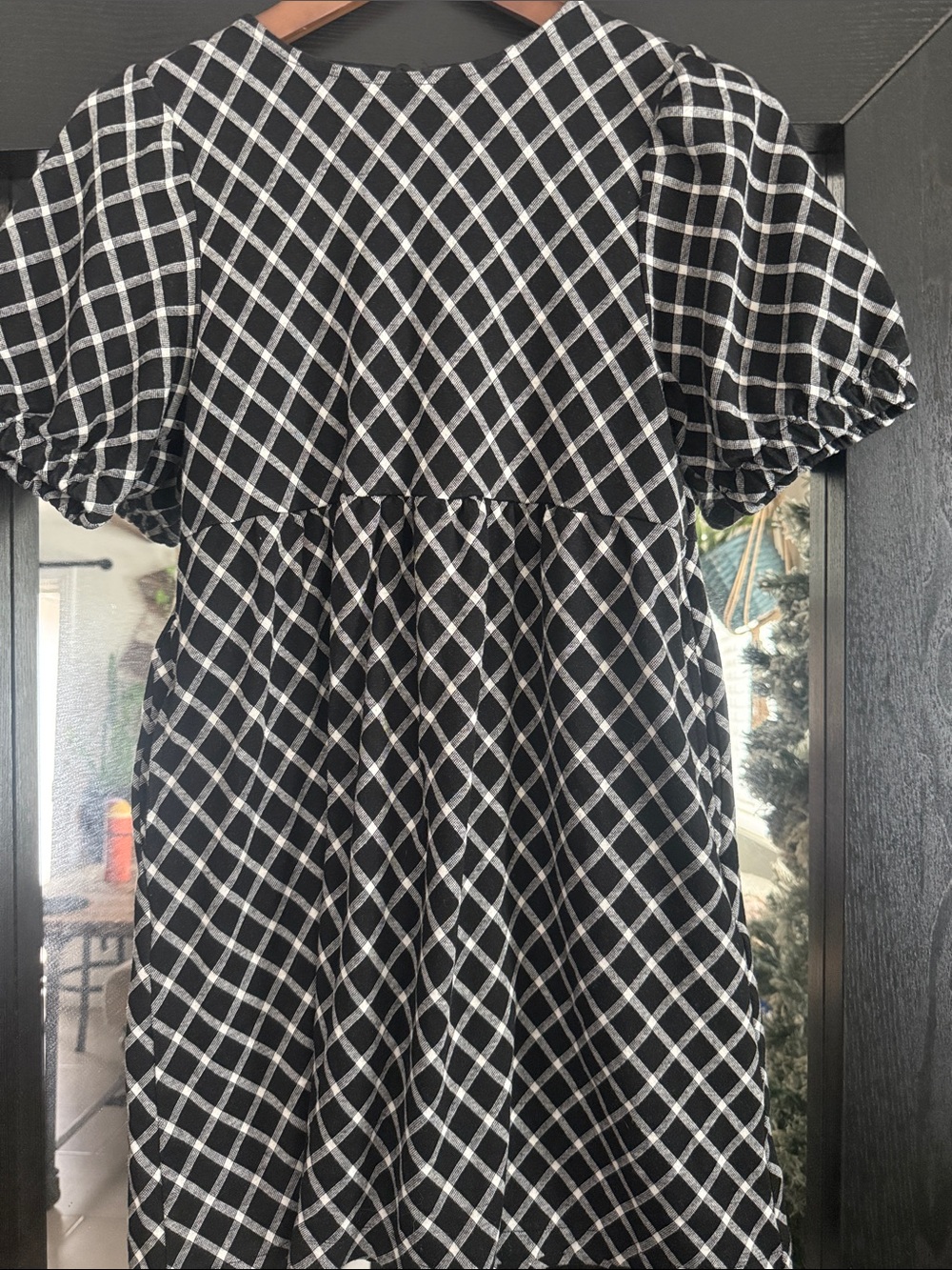 Zara Black & White Windowpane Puff Sleeve Dress